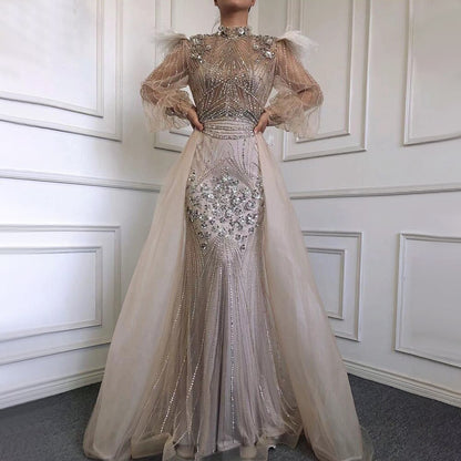 Muslim Silver Long Sleeve Feathers Beaded Evening Dresses Gowns Mermaid Luxury For Women Party 2025 Serene Hill LA71036A - SERENE HILL