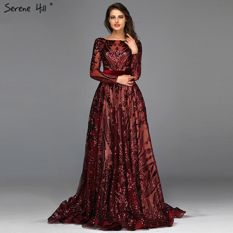 Muslim Wine Red A-Line Luxury Wedding dress 2025 Vintage Long Sleeve Sequined Evening Gowns Plus Size LA60799 - SERENE HILL