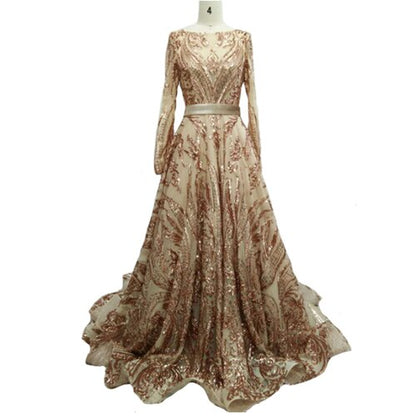 Muslim Wine Red A-Line Luxury Wedding dress 2025 Vintage Long Sleeve Sequined Evening Gowns Plus Size LA60799 - SERENE HILL