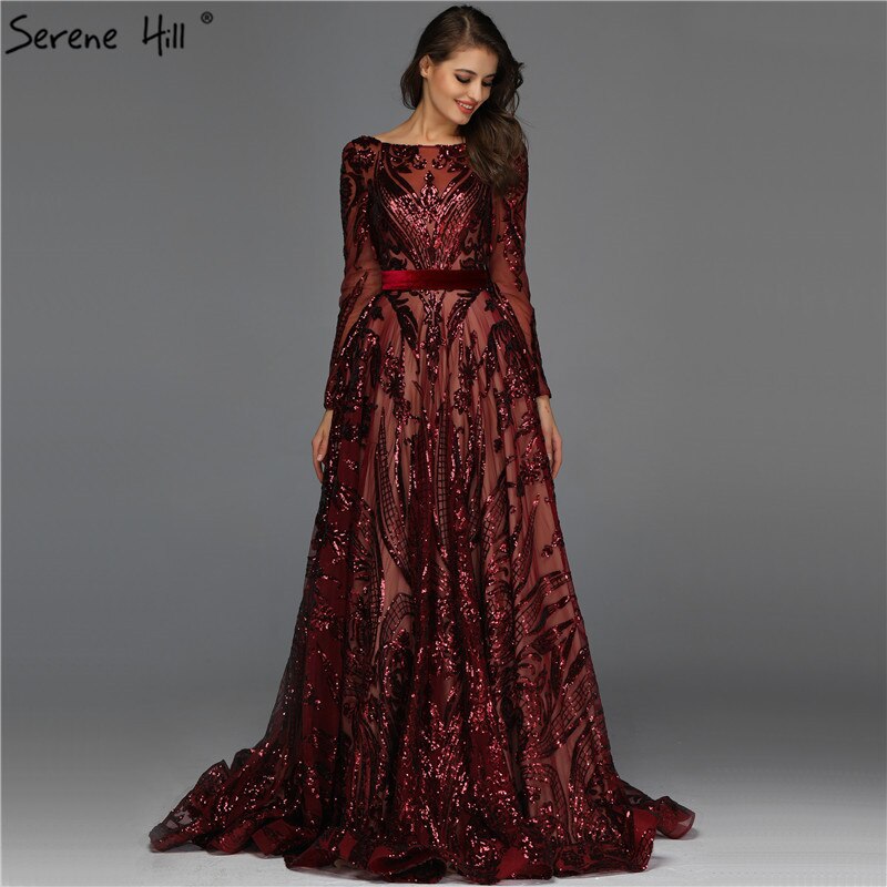 Muslim Wine Red A-Line Luxury Wedding dress 2025 Vintage Long Sleeve Sequined Evening Gowns Plus Size LA60799 - SERENE HILL