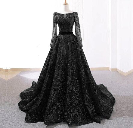 Muslim Wine Red A-Line Luxury Wedding dress 2025 Vintage Long Sleeve Sequined Evening Gowns Plus Size LA60799 - SERENE HILL