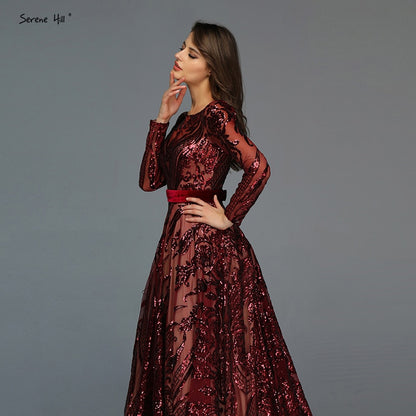 Muslim Wine Red A-Line Luxury Wedding dress 2025 Vintage Long Sleeve Sequined Evening Gowns Plus Size LA60799 - SERENE HILL