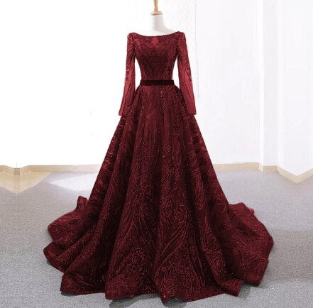 Muslim Wine Red A-Line Luxury Wedding dress 2025 Vintage Long Sleeve Sequined Evening Gowns Plus Size LA60799 - SERENE HILL