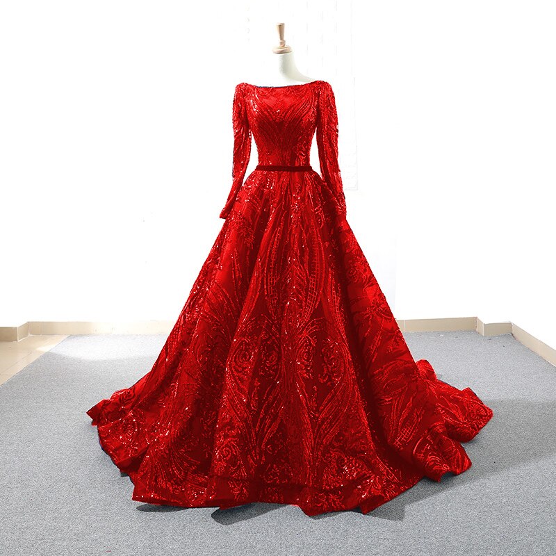 Muslim Wine Red A-Line Luxury Wedding dress 2025 Vintage Long Sleeve Sequined Evening Gowns Plus Size LA60799 - SERENE HILL