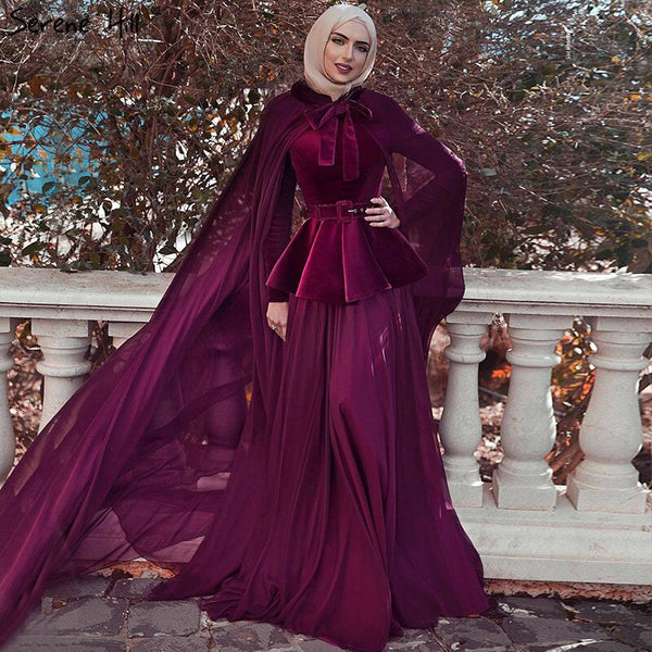 On Sale no return no refundSale Muslim Wine Red Long Sleeves Evening Dresses 2025 Long Shawl Sashs A-Line Simple Fromal Dresses Serene Hill LA70278