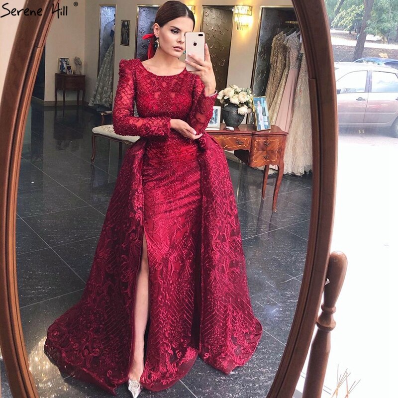Muslimischen Wein Rot Lange Puff Ärmeln Mit Zug Abendkleider Meerjungfrau Kleider 2025 Formale Kleid Für frau Ruhigen Hill LA70406 - SERENE HILL
