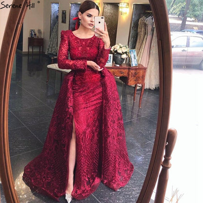 Muslimischen Wein Rot Lange Puff Ärmeln Mit Zug Abendkleider Meerjungfrau Kleider 2025 Formale Kleid Für frau Ruhigen Hill LA70406 - SERENE HILL