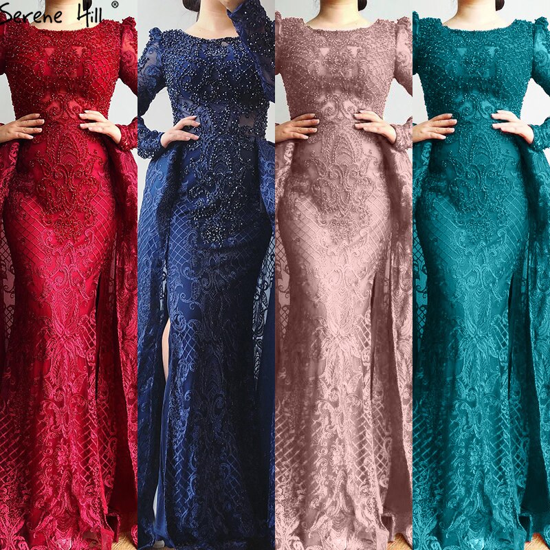 Muslimischen Wein Rot Lange Puff Ärmeln Mit Zug Abendkleider Meerjungfrau Kleider 2025 Formale Kleid Für frau Ruhigen Hill LA70406 - SERENE HILL