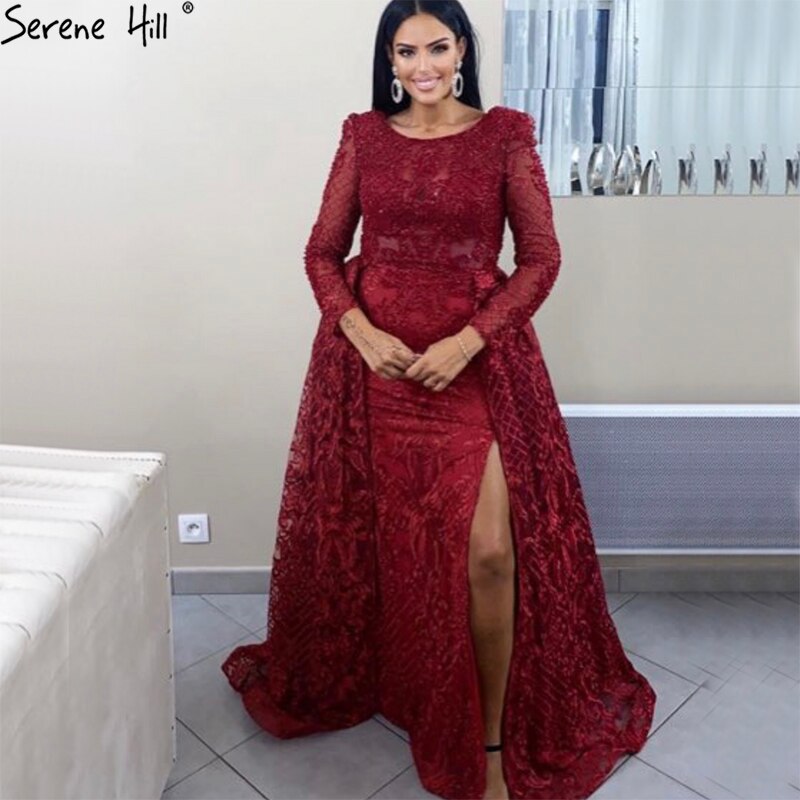 Muslimischen Wein Rot Lange Puff Ärmeln Mit Zug Abendkleider Meerjungfrau Kleider 2025 Formale Kleid Für frau Ruhigen Hill LA70406 - SERENE HILL
