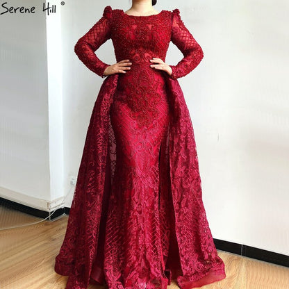 Muslimischen Wein Rot Lange Puff Ärmeln Mit Zug Abendkleider Meerjungfrau Kleider 2025 Formale Kleid Für frau Ruhigen Hill LA70406 - SERENE HILL