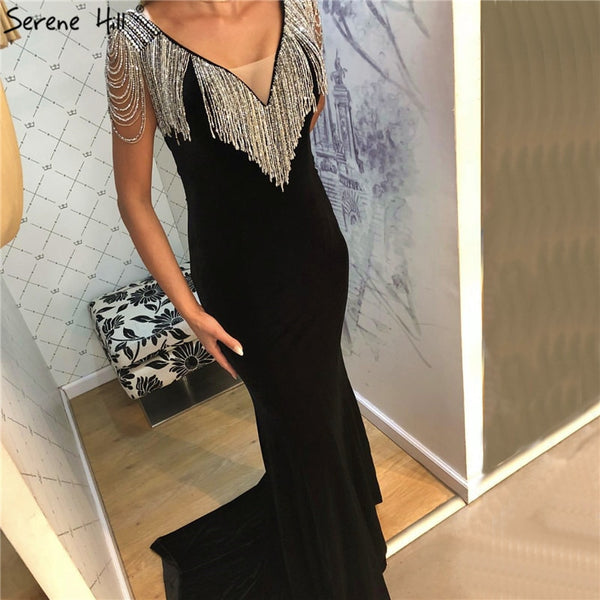 On Sale no return no refundSale Navy Blue Beading Tassel Velour Evening Dresses 2025 Dubai Deep-V Sleeveless Sexy Evening Gowns Serene Hill LA6351