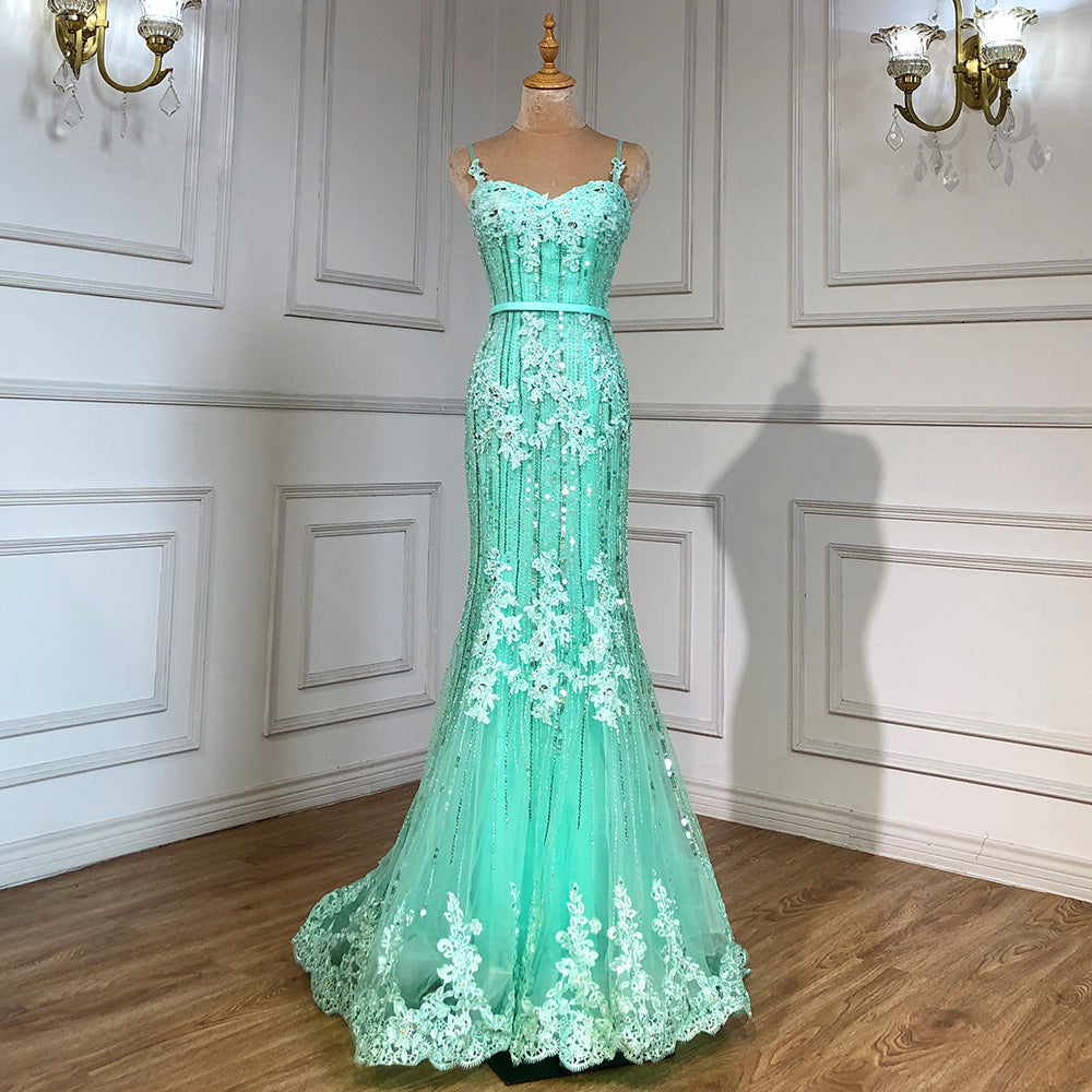 On Sale no return no refundSale Navy Blue Luxury Mermaid Lace Elegant Evening Dresses Spaghetti Strap Beaded 2025 For Women Party LA6105 - SERENE HILL