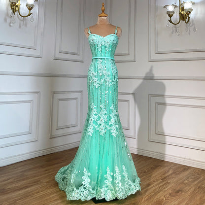 On Sale no return no refundSale Navy Blue Luxury Mermaid Lace Elegant Evening Dresses Spaghetti Strap Beaded 2025 For Women Party LA6105 - SERENE HILL