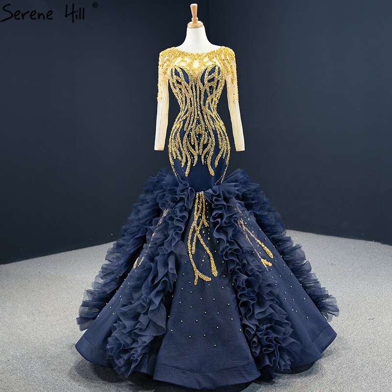 Navy Blue Mermaid High-end Sexy Evening Dresses 2025 Long Sleeve Beading Lace Up Sexy Formal Dress Serene Hill HM67132 - SERENE HILL