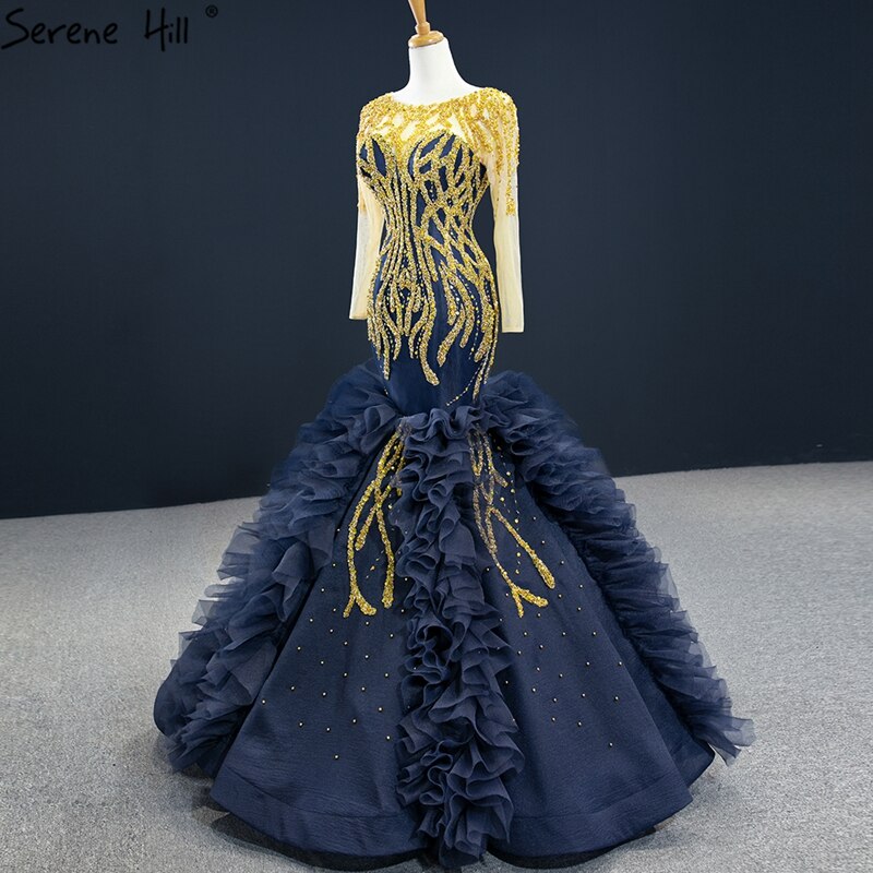 Navy Blue Mermaid High-end Sexy Evening Dresses 2025 Long Sleeve Beading Lace Up Sexy Formal Dress Serene Hill HM67132 - SERENE HILL