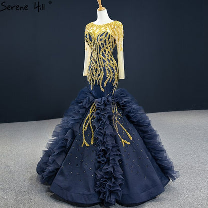 Navy Blue Mermaid High-end Sexy Evening Dresses 2025 Long Sleeve Beading Lace Up Sexy Formal Dress Serene Hill HM67132 - SERENE HILL