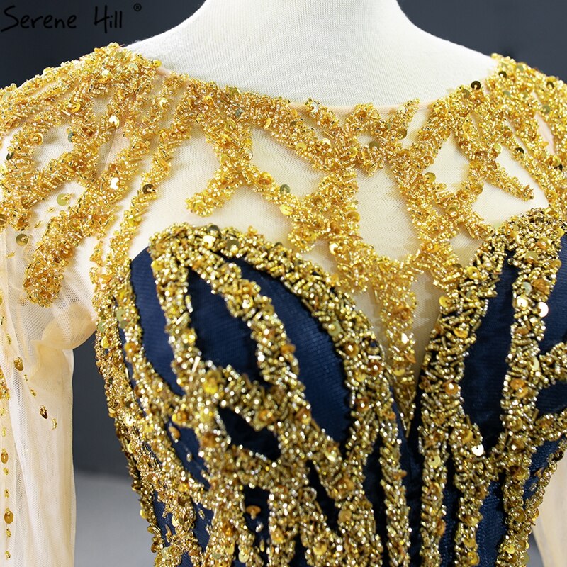 Navy Blue Mermaid High-end Sexy Evening Dresses 2025 Long Sleeve Beading Lace Up Sexy Formal Dress Serene Hill HM67132 - SERENE HILL