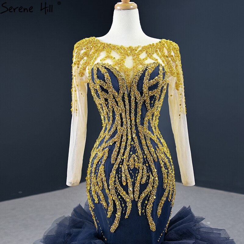 Navy Blue Mermaid High-end Sexy Evening Dresses 2025 Long Sleeve Beading Lace Up Sexy Formal Dress Serene Hill HM67132 - SERENE HILL