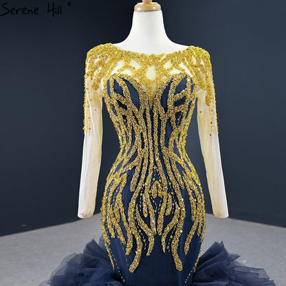 Navy Blue Mermaid High-end Sexy Evening Dresses 2025 Long Sleeve Beading Lace Up Sexy Formal Dress Serene Hill HM67132 - SERENE HILL