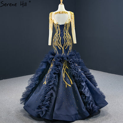 Navy Blue Mermaid High-end Sexy Evening Dresses 2025 Long Sleeve Beading Lace Up Sexy Formal Dress Serene Hill HM67132 - SERENE HILL