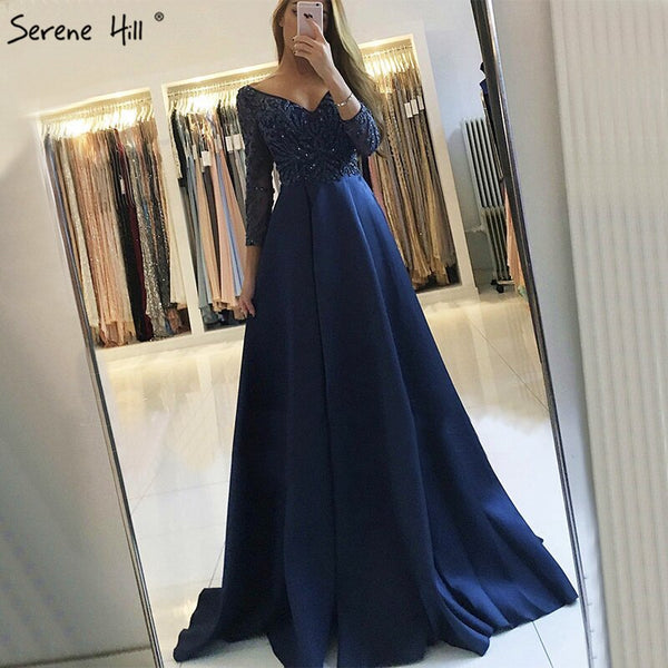 On Sale No Return No Refund Sale Navy Blue Party Dress V-Neck Evening Gowns Satin Crystal Long Sleeve Fashion Formal Evening Dress Real Photo LA6158
