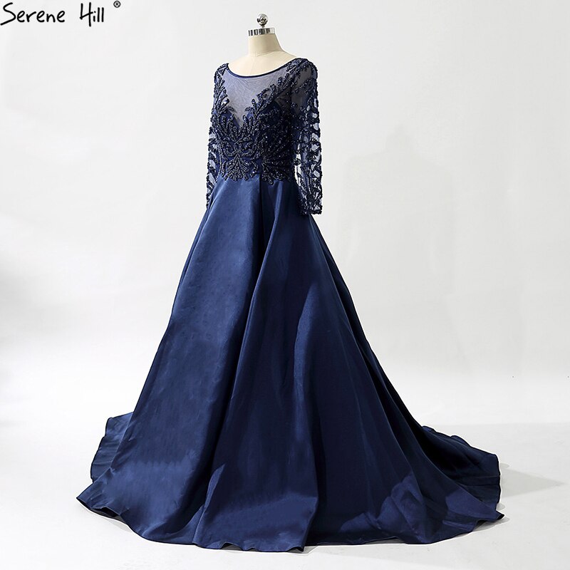 On Sale No Return No Refund Sale Navy Blue Party Dress V-Neck Evening Gowns Satin Crystal Long Sleeve Fashion Formal Evening Dress Real Photo LA6158 - SERENE HILL