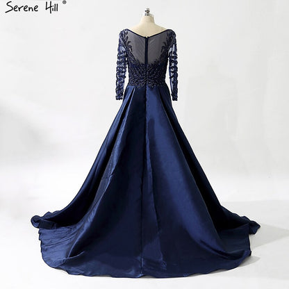 On Sale No Return No Refund Sale Navy Blue Party Dress V-Neck Evening Gowns Satin Crystal Long Sleeve Fashion Formal Evening Dress Real Photo LA6158 - SERENE HILL