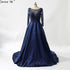 On Sale No Return No Refund Sale Navy Blue Party Dress V-Neck Evening Gowns Satin Crystal Long Sleeve Fashion Formal Evening Dress Real Photo LA6158 - SERENE HILL