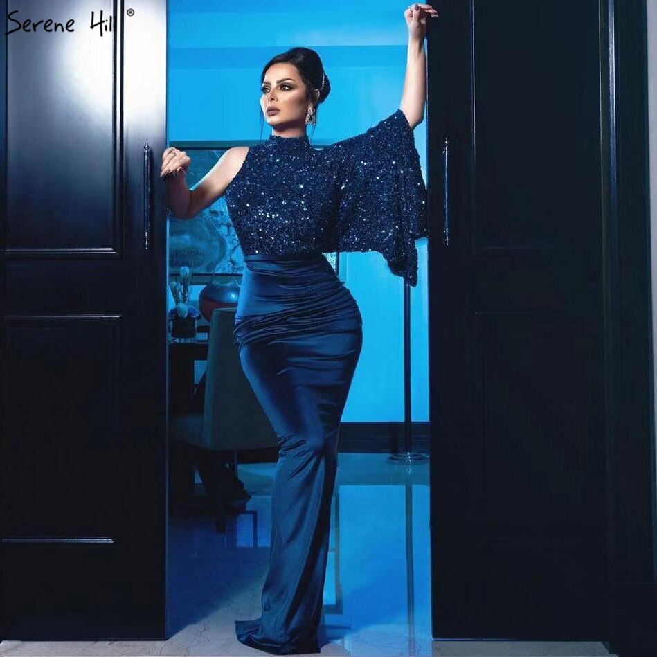 On Sale no return no refundSale Navy Blue Satin Mermaid Sexy Evening Dresses 2025 Sequins One Shoulder Bat Sleeves Formal Dress Serene Hill LA70347 - SERENE HILL