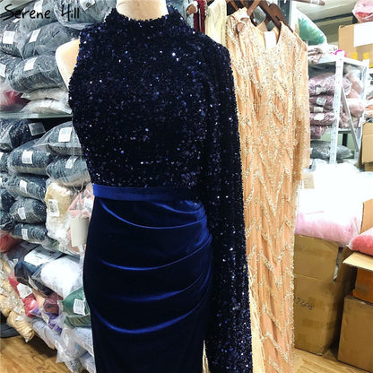 On Sale no return no refundSale Navy Blue Satin Mermaid Sexy Evening Dresses 2025 Sequins One Shoulder Bat Sleeves Formal Dress Serene Hill LA70347 - SERENE HILL
