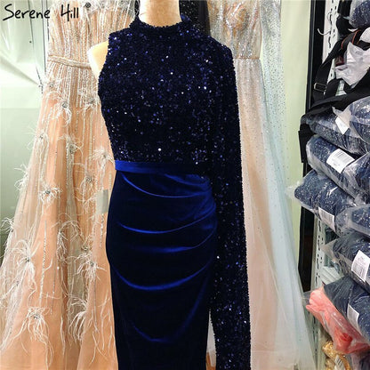 On Sale no return no refundSale Navy Blue Satin Mermaid Sexy Evening Dresses 2025 Sequins One Shoulder Bat Sleeves Formal Dress Serene Hill LA70347 - SERENE HILL