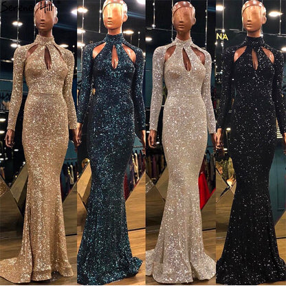 On Sale No Return No Refund New Designer Green High Neck Sexy Evening Dresses 2025 Sequined Long Sleeves Fashion Luxury For Women Party LA6314 - SERENE HILL