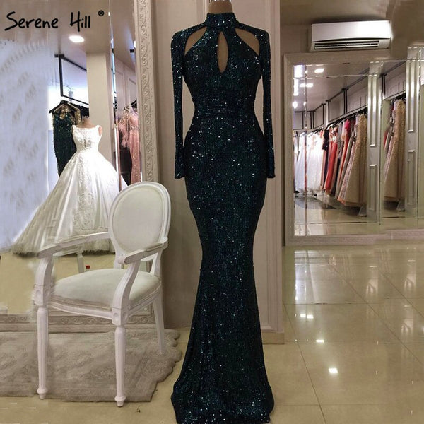 On Sale No Return No Refund  New Designer Green High Neck Sexy Evening Dresses 2025 Sequined Long Sleeves Fashion Luxury For Women Party LA6314