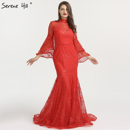 On Sale no return no refundSale Mermaid High Collar Fashion Evening Dresses 2025 Long Sleeves Lace Sexy Formal Evening Gowns Serene Hill LA6555 - SERENE HILL