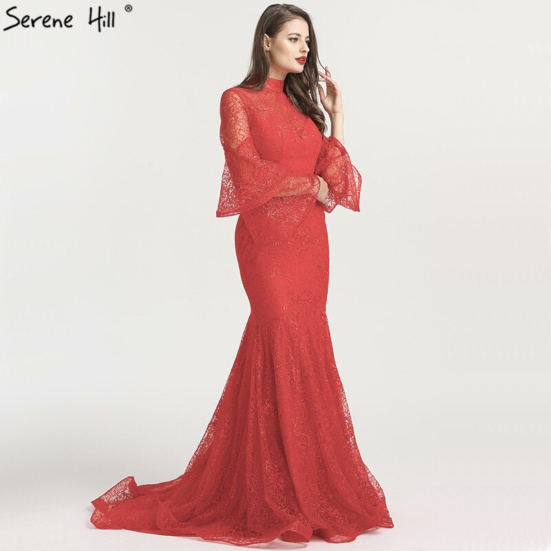 On Sale no return no refundSale Mermaid High Collar Fashion Evening Dresses 2025 Long Sleeves Lace Sexy Formal Evening Gowns Serene Hill LA6555 - SERENE HILL