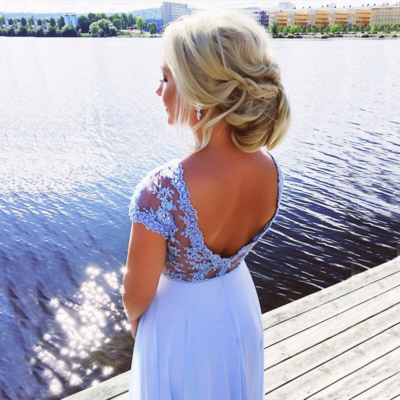 On Sale No Return No Refund Sleeveless Simple Fashion Blue Evening Dresses Crystal Elegant Chiffon Bezch Evening Gown 2025 Real Photo HA2177 - SERENE HILL