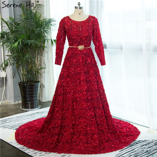 On Sale no return no refundSale New Style Wine Red O-Neck Tulle Evening Dress Long Sleeve Small Flowers Fashion Evening Gowns 2025 Vestido De Festa HA2140