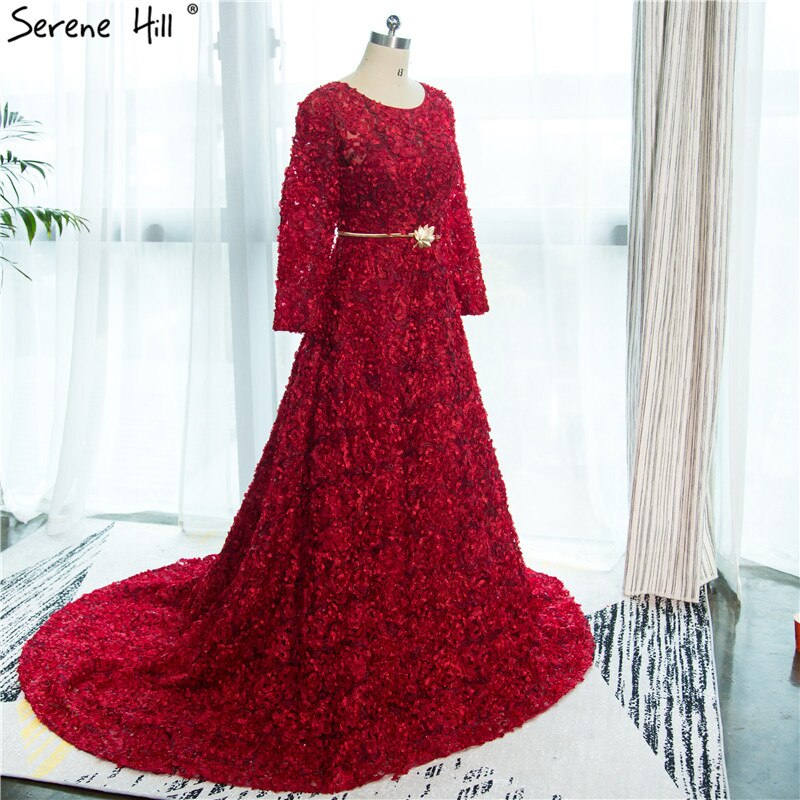 On Sale no return no refundSale New Style Wine Red O-Neck Tulle Evening Dress Long Sleeve Small Flowers Fashion Evening Gowns 2025 Vestido De Festa HA2140 - SERENE HILL