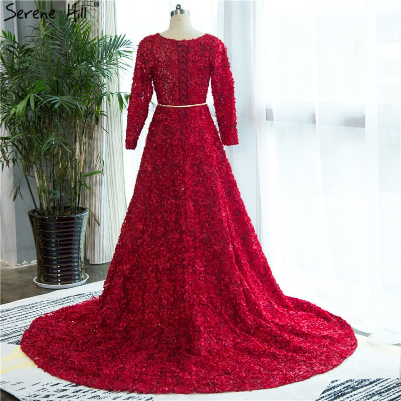 On Sale no return no refundSale New Style Wine Red O-Neck Tulle Evening Dress Long Sleeve Small Flowers Fashion Evening Gowns 2025 Vestido De Festa HA2140 - SERENE HILL