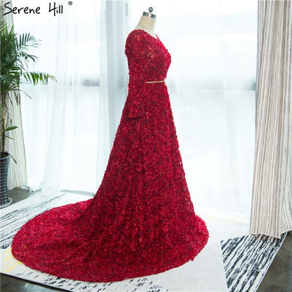 On Sale no return no refundSale New Style Wine Red O-Neck Tulle Evening Dress Long Sleeve Small Flowers Fashion Evening Gowns 2025 Vestido De Festa HA2140 - SERENE HILL