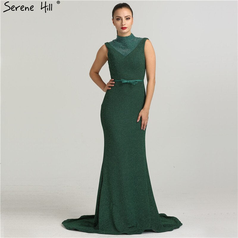 On Sale no return no refundSale Newest Designer Green Glitter Evening Dresses Fashion High Collar Sleeveless Mermaid Evening Gowns 2025 New LA6433 - SERENE HILL
