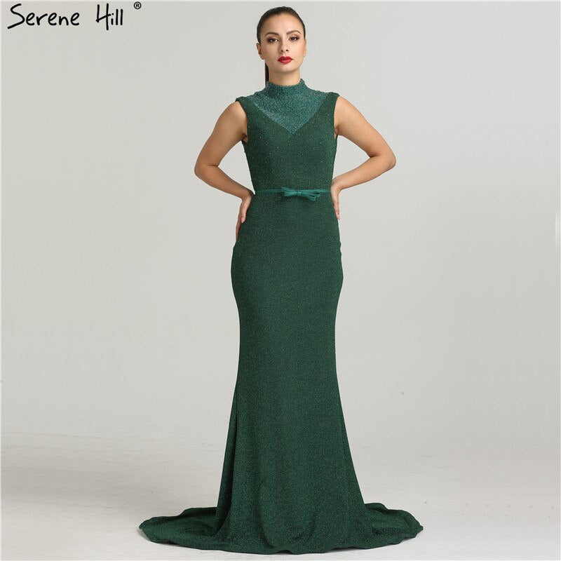On Sale no return no refundSale Newest Designer Green Glitter Evening Dresses Fashion High Collar Sleeveless Mermaid Evening Gowns 2025 New LA6433 - SERENE HILL