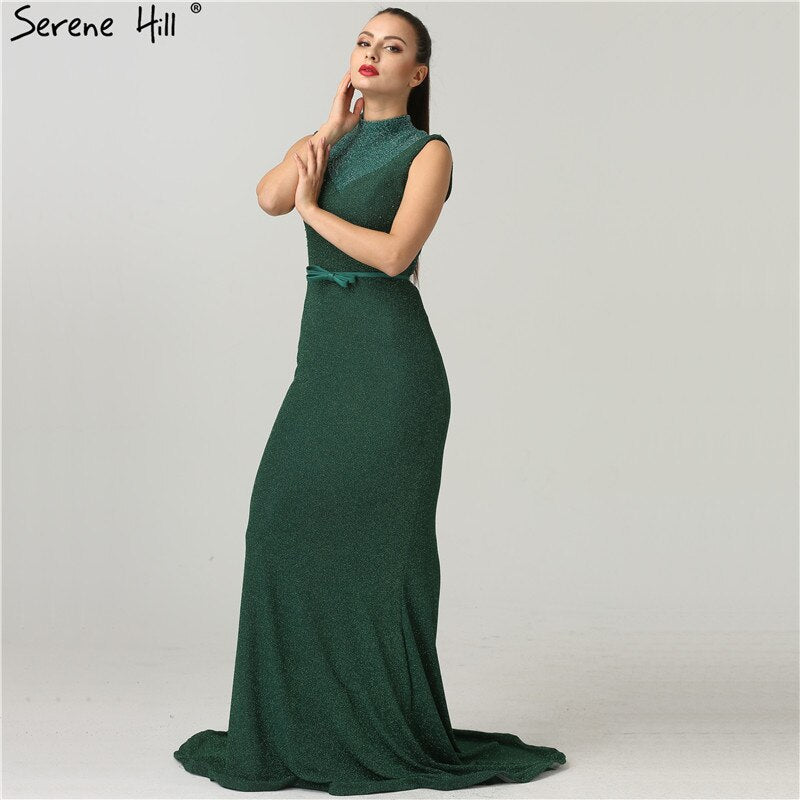 On Sale no return no refundSale Newest Designer Green Glitter Evening Dresses Fashion High Collar Sleeveless Mermaid Evening Gowns 2025 New LA6433 - SERENE HILL