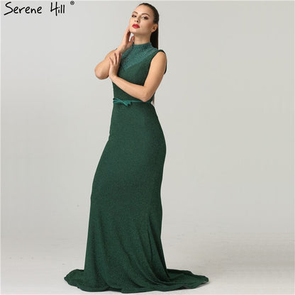 On Sale no return no refundSale Newest Designer Green Glitter Evening Dresses Fashion High Collar Sleeveless Mermaid Evening Gowns 2025 New LA6433 - SERENE HILL