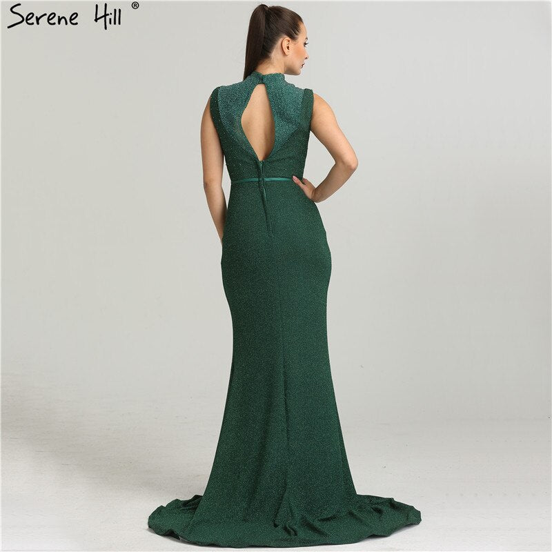 On Sale no return no refundSale Newest Designer Green Glitter Evening Dresses Fashion High Collar Sleeveless Mermaid Evening Gowns 2025 New LA6433 - SERENE HILL