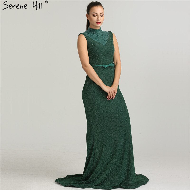 On Sale no return no refundSale Newest Designer Green Glitter Evening Dresses Fashion High Collar Sleeveless Mermaid Evening Gowns 2025 New LA6433 - SERENE HILL