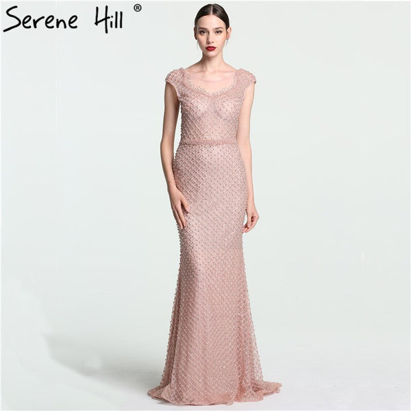 On Sale no return no refundSale Newest Fashion Elegant Mermaid Evening Dresses  Pink Manual Beading Pearls Tulle Evening Gown 2025 Real Photo LA6113