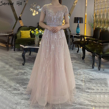 Pink A-Line Luxury Beading Sparkle Evening Dresses 2025 Dubai O-Neck Cap Sleeves Formal Dress Serene Hill LA70580 - SERENE HILL