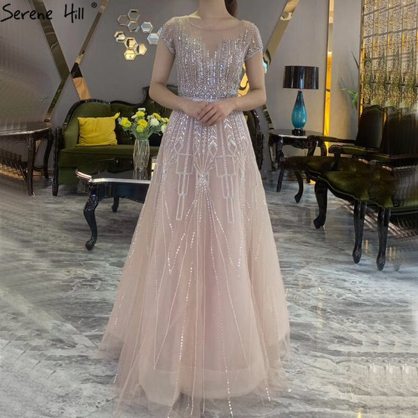 Pink A-Line Luxury Beading Sparkle Evening Dresses 2025 Dubai O-Neck Cap Sleeves Formal Dress Serene Hill LA70580
