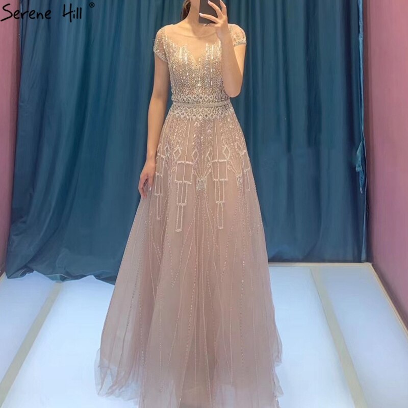 Pink A-Line Luxury Beading Sparkle Evening Dresses 2025 Dubai O-Neck Cap Sleeves Formal Dress Serene Hill LA70580 - SERENE HILL